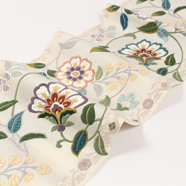 9 18 全品10 オフ 西陣の高家 鈴木 特選西陣唐織袋帯 唐綾錦 スポット繡更紗献上文様 オフホワイトグランド 唐織 正絹袋帯 礼装遣い道 翠緑容れもの Donloree Com