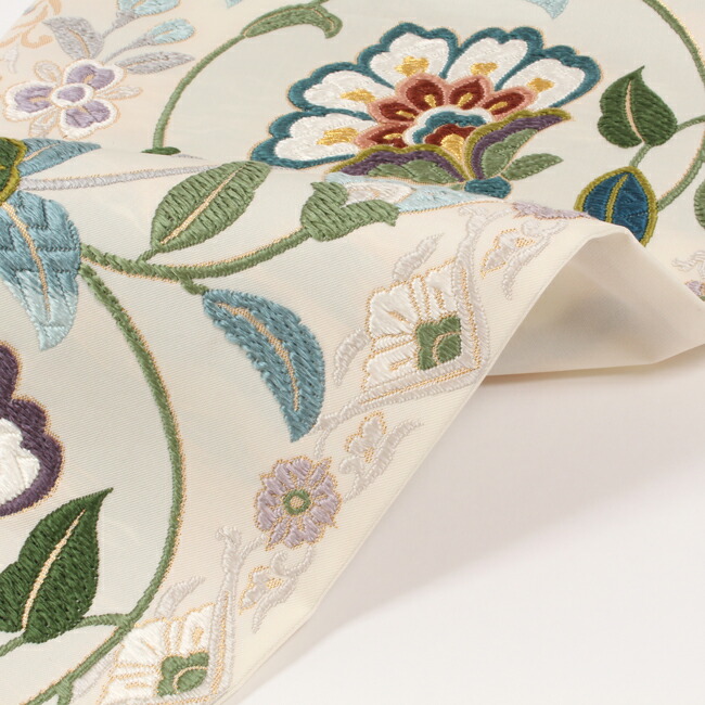 9 18 全品10 オフ 西陣の高家 鈴木 特選西陣唐織袋帯 唐綾錦 スポット繡更紗献上文様 オフホワイトグランド 唐織 正絹袋帯 礼装遣い道 翠緑容れもの Donloree Com