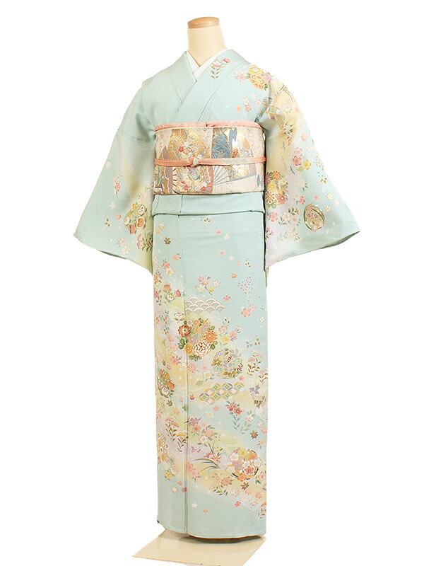 レンタル 訪問着 単衣 夏物 身長:155~165cm 正絹 水色系 母親 着物 結婚式 お宮参り as-0053|京都 きものれんたる京商