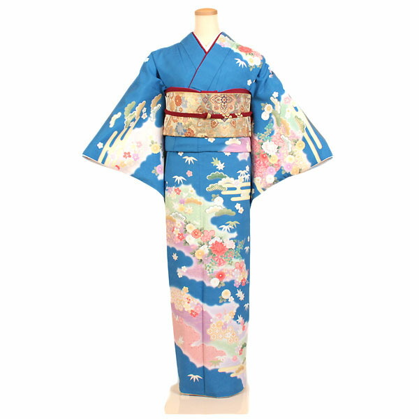 レンタル 訪問着 広幅 単衣 夏物 身長：160 ～170cm 青系 母親 着物 結婚式 お宮参り 大きいサイズ as-0068