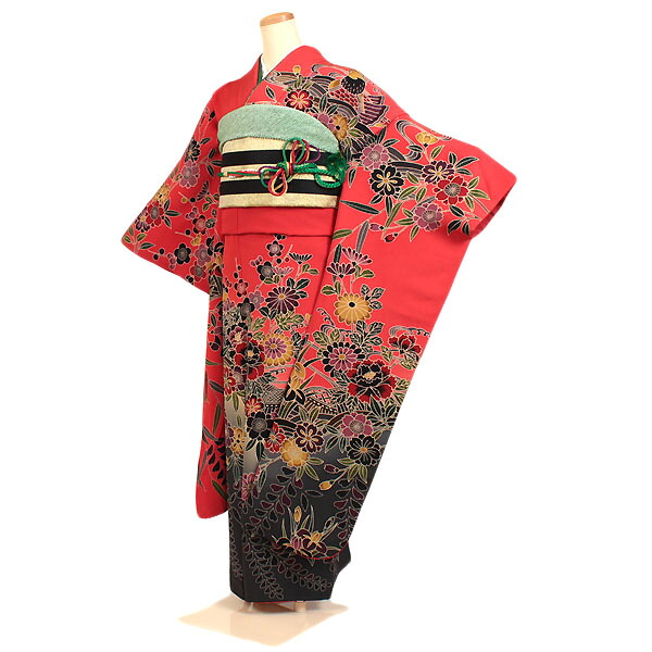 【レンタル】【成人式振袖レンタル 赤系 四季草花（牡丹・桜・菊）・鴛鴦など】正絹 成人式振袖 正絹振袖レンタルフルセット 振袖 レンタル 振袖フルセット ふりそで レンタル 振袖 振り袖 furisode 成人式レンタル 成人式着物レンタル 貸衣装 華やか 往復送料無料 f056s