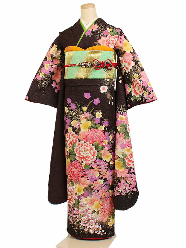 【レンタル】【成人式振袖レンタル 茶系 四季草花など】正絹 成人式振袖 正絹振袖レンタルフルセット 振袖 レンタル 振袖フルセット ふりそで レンタル 振袖 振り袖 furisode 成人式レンタル 成人式着物レンタル 貸衣装 華やか 往復送料無料 f067s