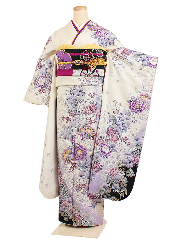 【レンタル】振袖フルセット 白系 ダリア正絹 成人式 【身長155cm～165cm】往復送料無料 f075s