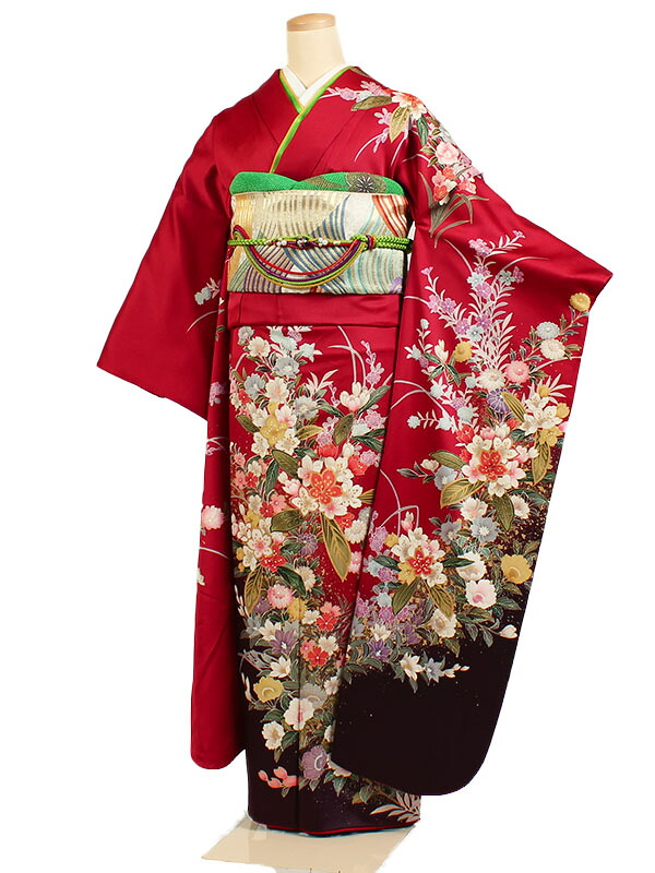 【レンタル】【振袖レンタル 赤系 四季花】正絹 振袖 レンタルフルセット ふりそで 振袖セット レンタル振袖 振り袖 結婚式 披露宴 親族 卒業式 パーティー 結納 着物レンタル 貸衣装 女性 和服 華やか 晴れ着 往復送料無料 f092｜京都 きものれんたる京商