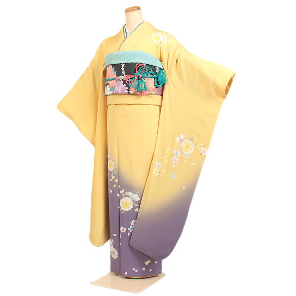 【レンタル】【振袖レンタル 黄系紫ぼかし 桜】 正絹 振袖 レンタル フルセット ふりそで 振袖セット レンタル振袖 振り袖 結婚式 披露宴 親族 卒業式 パーティー 結納 着物レンタル 貸衣装 女性 和服 安い 往復送料無料 f130