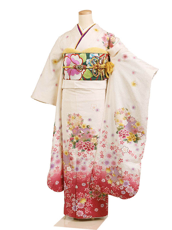 【レンタル】【振袖レンタル 白ピンクぼかし 桜四季花】正絹 振袖 レンタル フルセット ふりそで 振袖セット レンタル振袖 振り袖 結婚式 披露宴 親族 卒業式 パーティー 結納 着物レンタル 貸衣装 女性 和服 安い 往復送料無料 f186