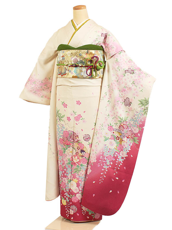 【レンタル】【振袖レンタル アイボリー系ピンクぼかし 四季花】正絹 振袖 レンタル フルセット ふりそで 振袖セット レンタル振袖 振り袖 結婚式 披露宴 親族 卒業式 パーティー 結納 着物レンタル 貸衣装 女性 和服 安い 往復送料無料 f189｜京都 きものれんたる京商 9,728円