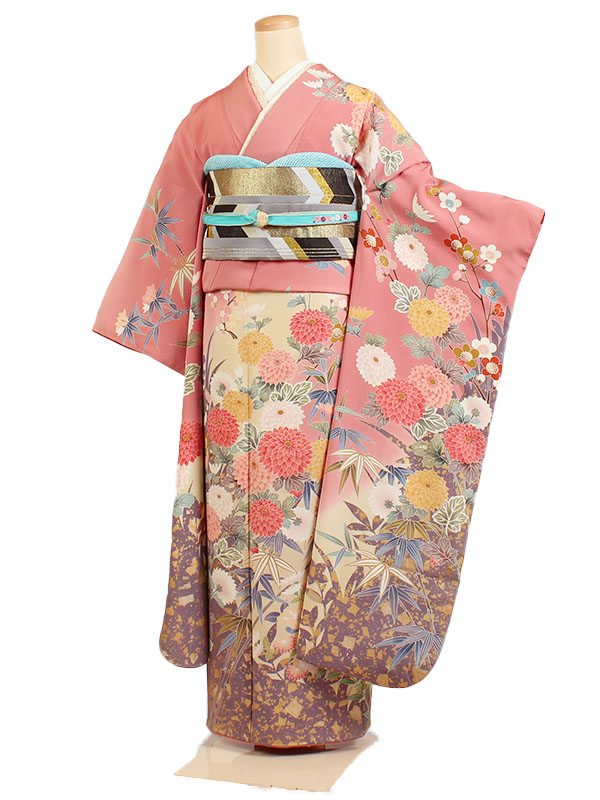【レンタル】【振袖レンタル ピンク系 菊花・笹 など】正絹 振袖 レンタルフルセット ふりそで 振袖セット レンタル振袖 振り袖 結婚式 披露宴 親族 卒業式 パーティー 結納 着物レンタル 貸衣装 女性 和服 華やか 晴れ着 往復送料無料 f236｜京都 きものれんたる京商