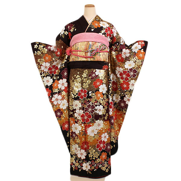 【レンタル】【成人式振袖レンタル 焦げ茶系 桜 など】正絹 成人式振袖 正絹振袖レンタルフルセット 振袖 レンタル 振袖フルセット ふりそで レンタル 振袖 振り袖 furisode 成人式レンタル 成人式着物レンタル 貸衣装 華やか 往復送料無料 f434s