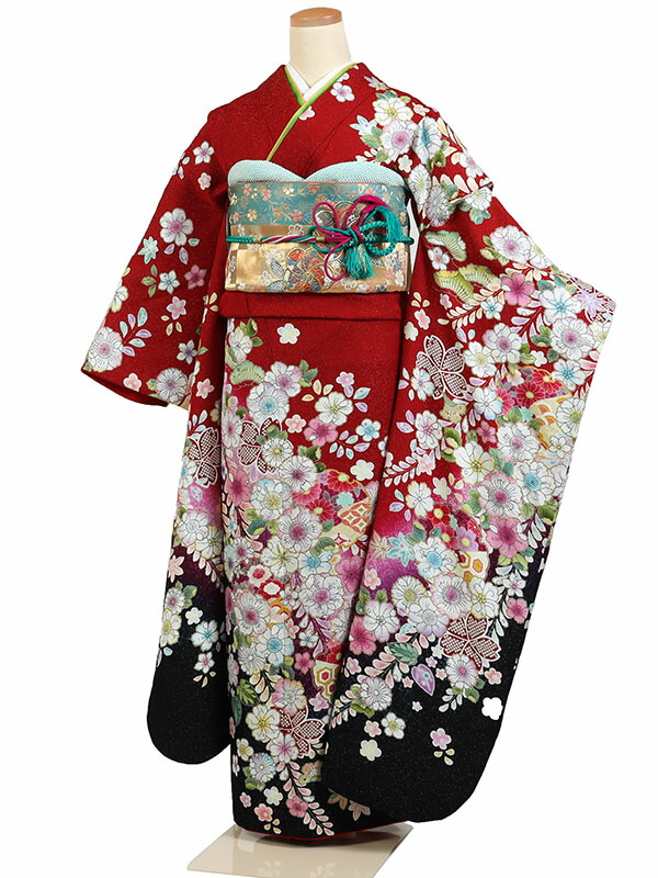 【レンタル】【振袖レンタル 赤色 辻が花】正絹 レンタルフルセット ふりそで 振袖セット レンタル振袖 振り袖 結婚式 披露宴 親族 卒業式 パーティー 結納 着物レンタル 貸衣装 女性 和服 華やか 晴れ着 往復送料無料 モダン f497