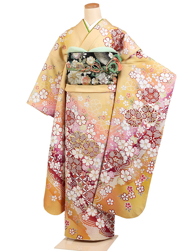【レンタル】【振袖レンタル 黄地 桜花・疋田】正絹 レンタルフルセット ふりそで 振袖セット レンタル振袖 振り袖 結婚式 披露宴 親族 卒業式 パーティー 結納 着物レンタル 貸衣装 女性 和服 華やか 晴れ着 往復送料無料 モダン f496