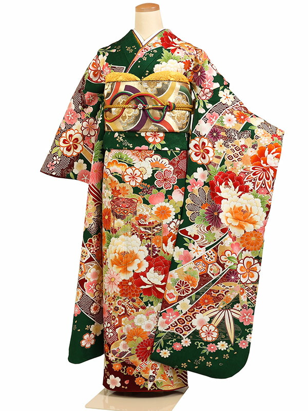 【Y0645】Ｓ大サイズお仕立上り正絹振袖　緑色地に花、御所車模様絞入　綸子生地 Y0645】S大サイズお仕立上り正絹振袖 緑色地に花、御所車模様絞