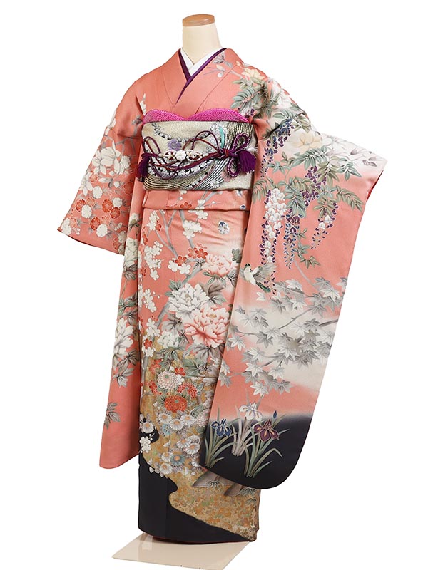 【レンタル】【振袖レンタル ピンク系 孔雀・四季草花】正絹 振袖 レンタルフルセット ふりそで 振袖セット レンタル振袖 振り袖 結婚式 披露宴 親族 卒業式 パーティー 結納 着物レンタル 貸衣装 女性 和服 華やか 晴れ着 往復送料無料 f435｜京都 きものれんたる京商