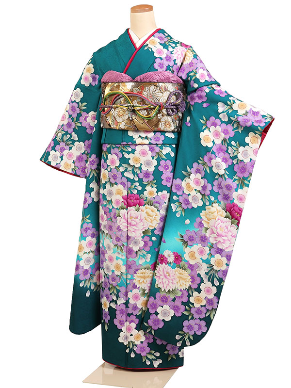 【レンタル】【振袖レンタル 青緑系 牡丹・桜花】正絹 振袖 レンタルフルセット ふりそで 振袖セット レンタル振袖 振り袖 結婚式 披露宴 親族 卒業式 パーティー 結納 着物レンタル 貸衣装 女性 和服 華やか 晴れ着 往復送料無料 f546