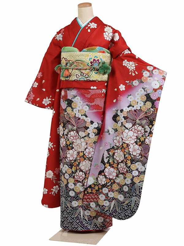 赤色に花の立体地紋 豪華成人式振袖8点フルセット 正絹 レディース