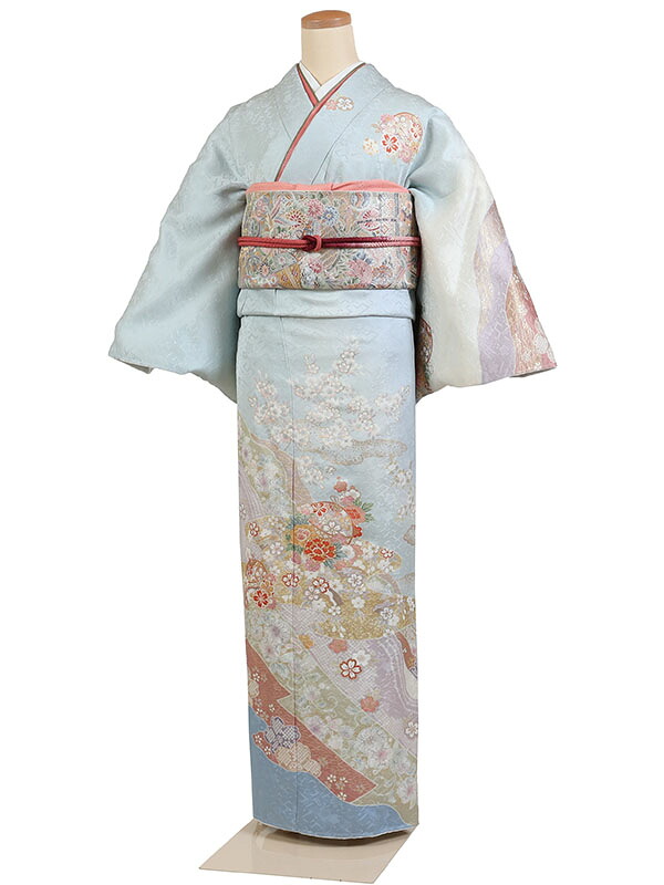 【レンタル】【訪問着 水色系 手毬・四季花】正絹 訪問着レンタル 訪問着セット レンタル訪問着 着物レンタル 貸衣装 結婚式 入学式 卒業式 お宮参り 七五三 お母さん ママ 母親 パーティー 結納 お茶会 安い 往復送料無料 h523｜京都 きものれんたる京商