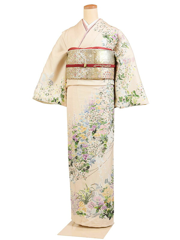 【レンタル】【訪問着 クリーム系 四季草花・小花】正絹 訪問着レンタル 訪問着セット レンタル訪問着 着物レンタル 貸衣装 結婚式 入学式 卒業式 お宮参り 七五三 お母さん ママ 母親 パーティー 結納 お茶会 安い 往復送料無料 h535｜京都 きものれんたる京商