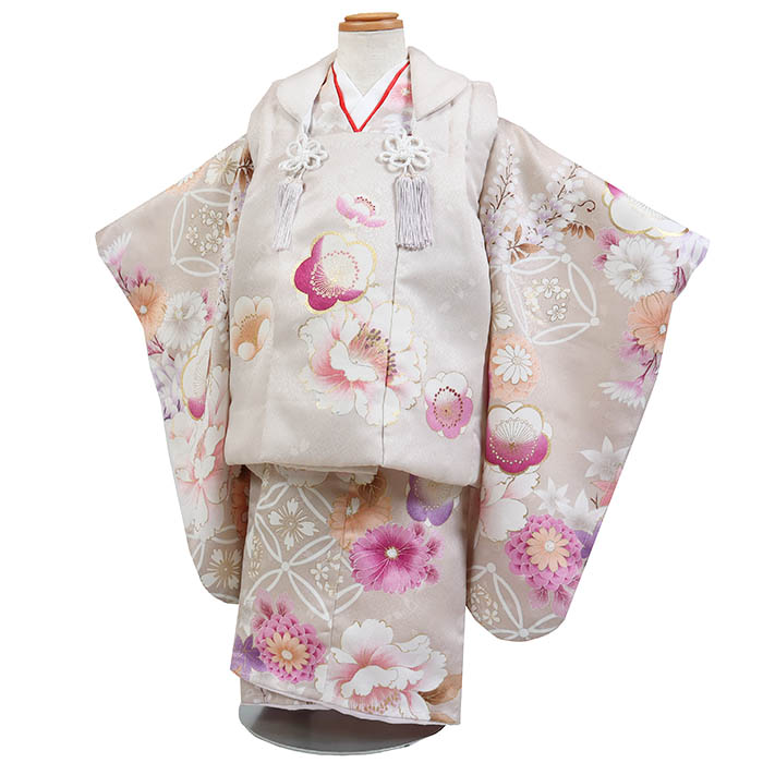 市場 レンタル 桜牡丹 3才女児 3歳 ひな祭り 753 七五三 グレージュ系 貸衣装 被布セット 被布着物 七五三着物レンタル