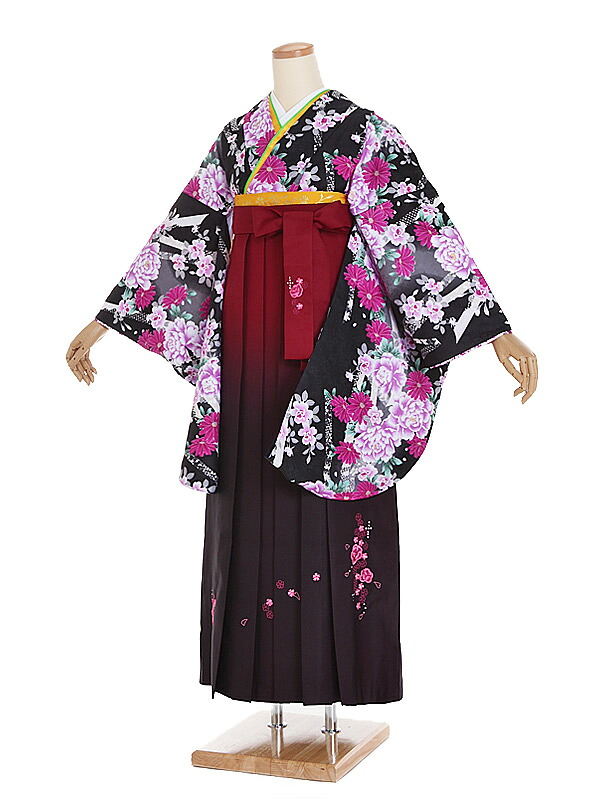【レンタル】【卒業式袴 黒・花尽くし×赤系グラデーション袴】卒業式 袴 レンタル 女 身長158~163cm 卒業袴 女袴 卒業式袴セット 大学生 短大 教員 先生 二尺袖袴フルセット 専門学生 謝恩会 高校 文化祭 個性 モダンポップ おしゃれ 被らない 往復送料無料 n240|京都 きものれんたる京商