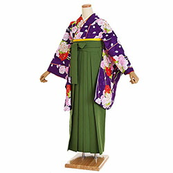 【レンタル】【卒業式袴 紫・牡丹桜×緑無地袴】卒業式 袴 レンタル 女 身長155～160cm 卒業袴 女袴 卒業式袴セット 大学生 短大 教員 先生 二尺袖袴フルセット 専門学生 謝恩会 高校 文化祭 個性 モダンポップ おしゃれ 被らない 往復送料無料 n252