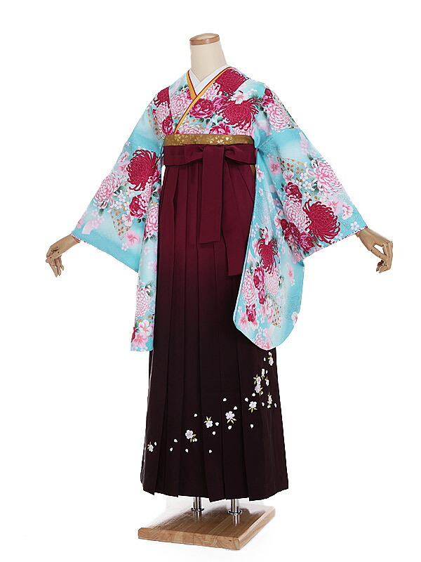 【レンタル】【卒業式袴 水色・菊桜×赤紫グラデーション袴】卒業式 袴 レンタル 女 身長158～163cm 卒業袴 女袴 卒業式袴セット 大学生 短大 教員 先生 二尺袖袴フルセット 専門学生 謝恩会 高校 文化祭  個性 モダンポップ おしゃれ 被らない 往復送料無料 n253