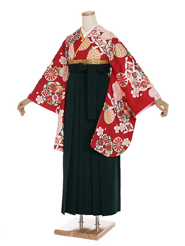 【レンタル】【卒業式袴 赤・四季花七宝×緑袴】卒業式 袴 レンタル 女 身長155～160cm 卒業袴 女袴 卒業式袴セット 大学生 短大 教員 先生 二尺袖袴フルセット 専門学生 謝恩会 高校 文化祭 個性 モダンポップ おしゃれ 被らない 往復送料無料 n259