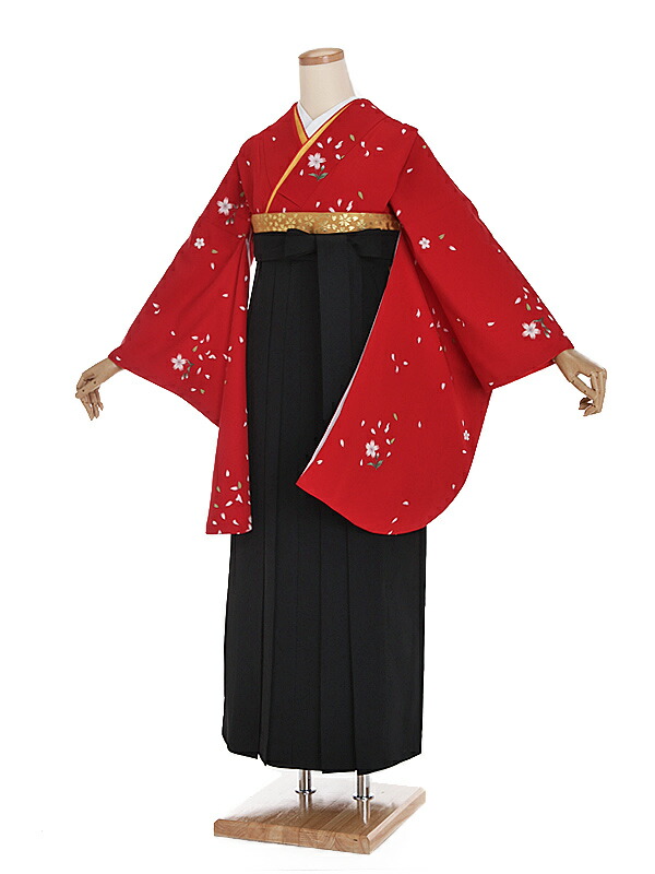 【レンタル】【卒業式袴 赤・桜×黒無地袴】卒業式 袴 レンタル 女 身長158～163cm 卒業袴 女袴 卒業式袴セット 大学生 短大 教員 先生 二尺袖袴フルセット 専門学生 謝恩会 高校 文化祭 個性 モダンポップ おしゃれ 被らない 往復送料無料 n261