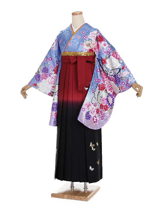 【レンタル】【卒業式袴 ブルー・四季花×赤黒グラデ袴】卒業式 袴 レンタル 女 身長158～163cm 卒業袴 女袴 卒業式袴セット 大学生 短大 教員 先生 二尺袖袴フルセット 専門学生 謝恩会 高校 文化祭  個性 モダンポップ おしゃれ 被らない 往復送料無料 n267