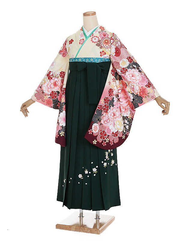 【レンタル】【卒業式袴 クリーム・桜×緑・桜袴】卒業式 袴 レンタル 女 身長153～158cm 卒業袴 女袴 卒業式袴セット 大学生 短大 教員 先生 二尺袖袴フルセット 専門学生 謝恩会 高校 文化祭  個性 モダンポップ おしゃれ 被らない 往復送料無料 n273