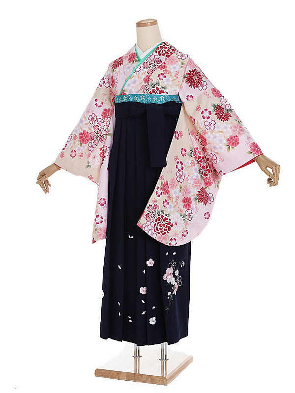 【レンタル】【卒業式袴 クリームピンク・四季花×紺桜袴】卒業式 袴 レンタル 女 身長150～155cm 卒業袴 女袴 卒業式袴セット 大学生 短大 教員 先生 二尺袖袴フルセット 専門学生 謝恩会 高校 文化祭  個性 モダンポップ おしゃれ 被らない 往復送料無料 n276