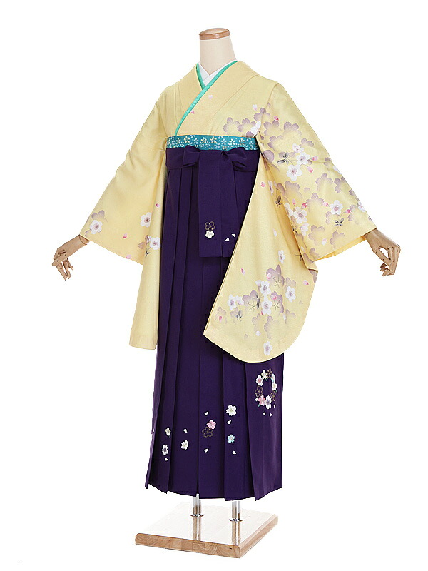 【レンタル】【卒業式袴 薄黄・桜×紫・桜刺繍袴】卒業式 袴 レンタル 女 身長158～163cm 卒業袴 女袴 卒業式袴セット 大学生 短大 教員 先生 二尺袖袴フルセット 専門学生 謝恩会 高校 文化祭 個性 モダンポップ おしゃれ 被らない 往復送料無料 n279