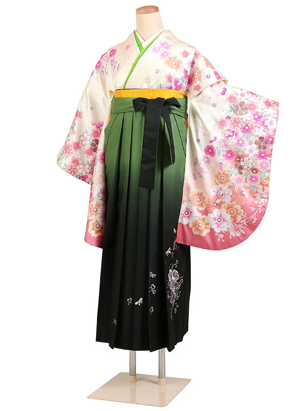 【レンタル】【卒業式袴 クリーム色×刺繍・緑ぼかし袴 】卒業式 袴 レンタル 卒業袴 女袴 卒業式袴セット 大学生 短大 教員 先生 二尺袖袴フルセット 専門学生 謝恩会 高校 文化祭 個性 モダンポップ おしゃれ 被らない 往復送料無料 n301