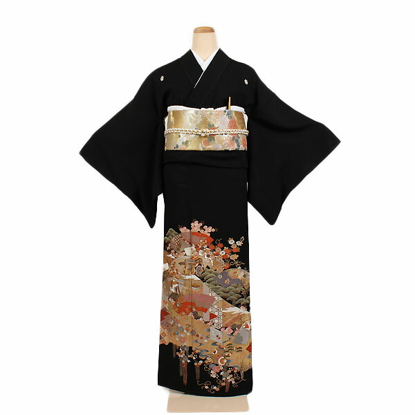 【レンタル】【黒留袖 地紙四季草花 五三の桐紋】正絹 留袖 着物レンタル 結婚式 披露宴 貸衣装 貸衣裳 フルセット 女性 和服 母親着物 祖母 親族 新婦姉妹 和装婚 和婚 神社 ホテル式場 五つ紋 第一礼装 チャペル 往復送料無料 t007