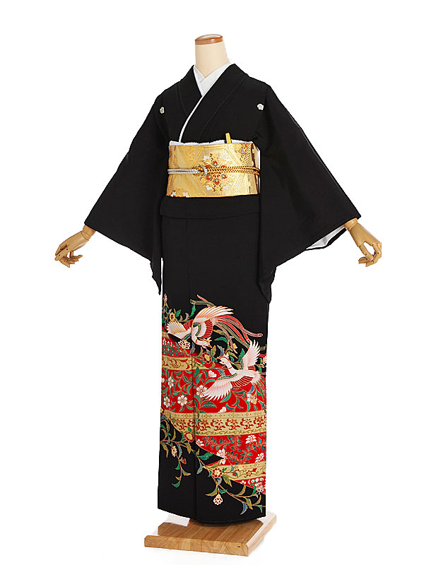 【レンタル】【黒留袖 唐草に金鶏鳥 蔦（つた）紋】正絹 留袖 着物レンタル 結婚式 披露宴 貸衣装 貸衣裳 フルセット 女性 和服 母親着物 祖母 親族 新婦姉妹 和装婚 和婚 神社 ホテル式場 五つ紋 第一礼装 チャペル 往復送料無料 t263