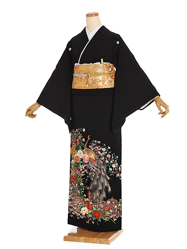 【レンタル】【黒留袖 孔雀に牡丹 蔦（つた）紋】正絹 留袖 着物レンタル 結婚式 披露宴 貸衣装 貸衣裳 フルセット 女性 和服 母親着物 祖母 親族 新婦姉妹 和装婚 和婚 神社 ホテル式場 五つ紋 第一礼装 チャペル 往復送料無料 t303 13,260円