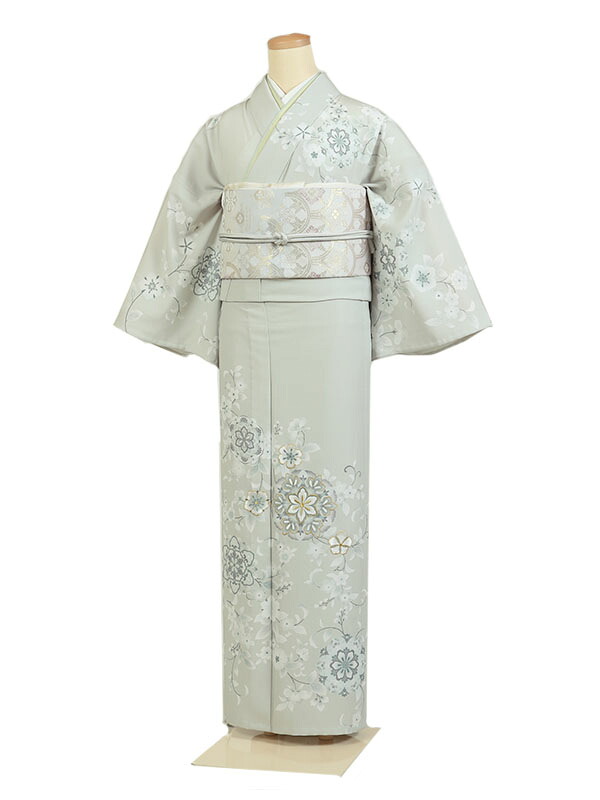 レンタル 訪問着 単衣 夏物 身長：155～163cm 正絹 グレー系 母親 着物 結婚式 お宮参り as-0092