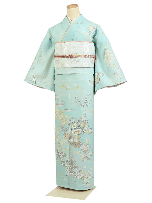 レンタル 訪問着 単衣 夏物 身長：155～163cm 水色系 母親 着物 結婚式 お宮参り as-0101