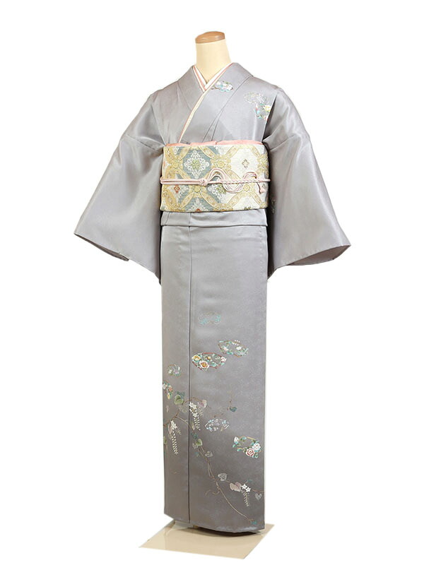 レンタル 訪問着 単衣 夏物 身長：155～165cm グレー系 母親 着物 結婚式 お宮参り as-0141