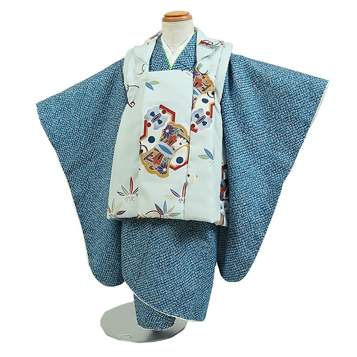 【レンタル】被布 男児 3歳用 七五三 青系×薄緑系 吉祥文様 身長90～100cm 被布セット 男の子 753 七五三兄弟 d3-0084