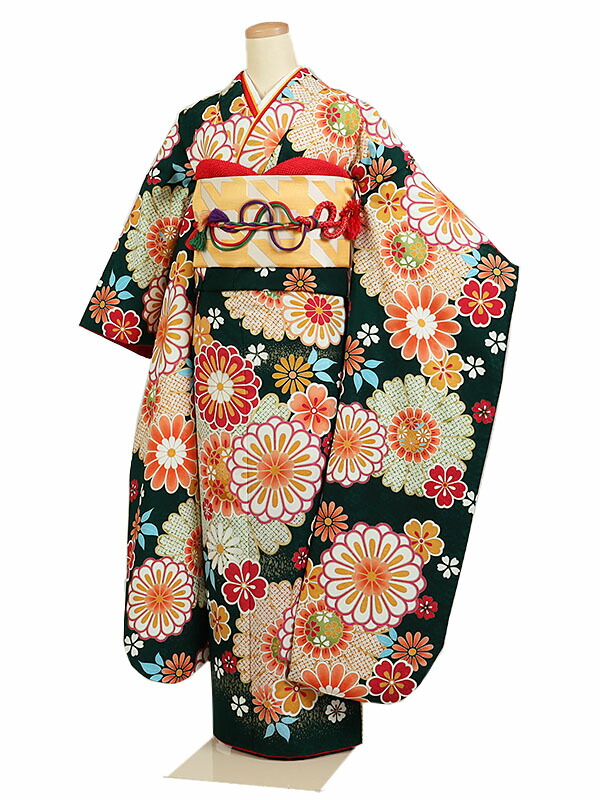 振袖フルセット(ショール、髪飾りなし)　グリーンゴールドの花柄振袖 華徒然×吉木千沙都振袖ネットレンタル ミントグリーン 牡丹柄/和