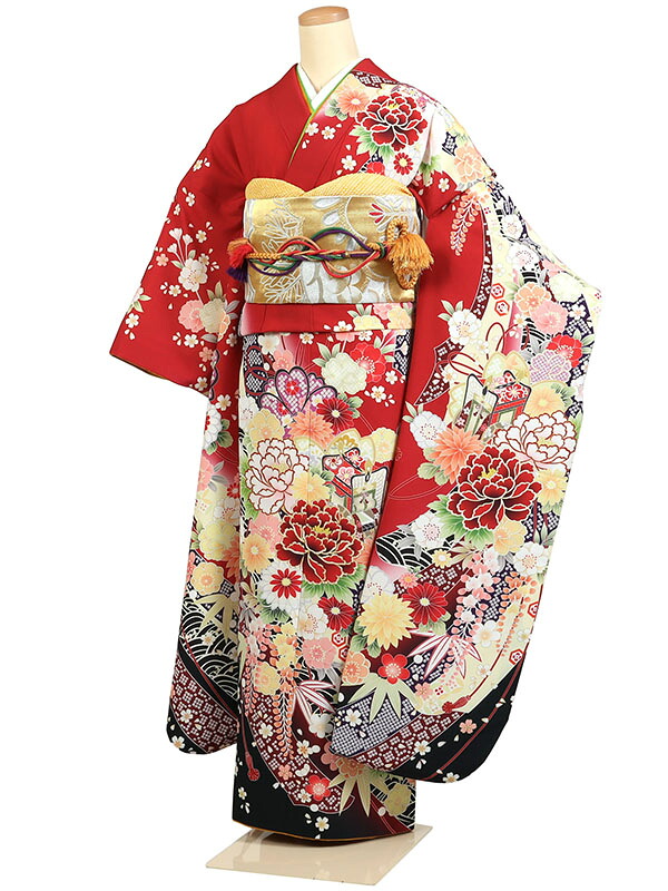 【レンタル】【振袖レンタル 赤系 御所車・牡丹・四季花】振袖 レンタルフルセット ふりそで 振袖セット レンタル振袖 振り袖 結婚式 披露宴 親族 卒業式 パーティー 結納 着物レンタル 貸衣装 女性 和服 華やか 晴れ着 往復送料無料 f713