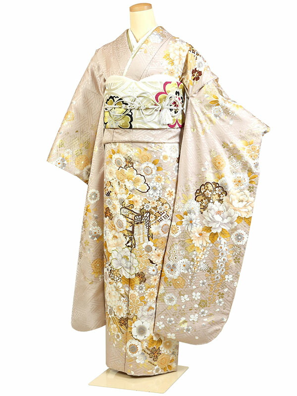 【レンタル】【成人式振袖レンタル ベージュ系 くすみ・四季花・御所車】正絹 成人式振袖 振袖レンタルフルセット 振袖 レンタル 振袖フルセット ふりそで レンタル 振袖 振り袖 furisode 成人式レンタル 成人式着物レンタル 貸衣装 かわいい 往復送料無料 f768s