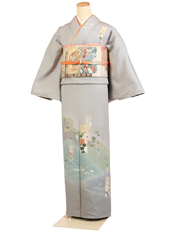 【レンタル】【訪問着 京友禅 グレー系 短冊・草花】正絹 訪問着レンタル 訪問着セット レンタル訪問着 着物レンタル 貸衣装 結婚式 入学式 卒業式 お宮参り 七五三 お母さん ママ 母親 パーティー 結納 お茶会 安い 往復送料無料 h587｜京都 きものれんたる京商