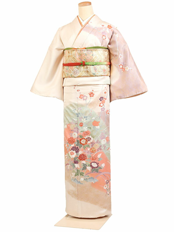 【レンタル】【訪問着 クリーム色系 牡丹・菊花・四季花】正絹 訪問着レンタル 訪問着セット レンタル訪問着 着物レンタル 貸衣装 結婚式 入学式 卒業式 お宮参り 七五三 お母さん ママ 母親 パーティー 結納 お茶会 安い 往復送料無料 h603