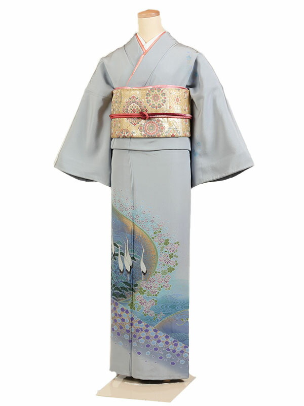 【レンタル】【訪問着 グレー系 鶴・四季花】正絹 訪問着レンタル 訪問着セット レンタル訪問着 着物レンタル 貸衣装 結婚式 入学式 卒業式 お宮参り 七五三 お母さん ママ 母親 パーティー 結納 お茶会 安い 往復送料無料 h613