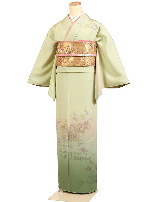 【レンタル】【訪問着 黄緑系 汕頭刺繍・エ霞・鏡面】正絹 訪問着レンタル 訪問着セット レンタル訪問着 着物レンタル 貸衣装 結婚式 入学式 卒業式 お宮参り 七五三 お母さん ママ 母親 パーティー 結納 お茶会 安い 往復送料無料 h634