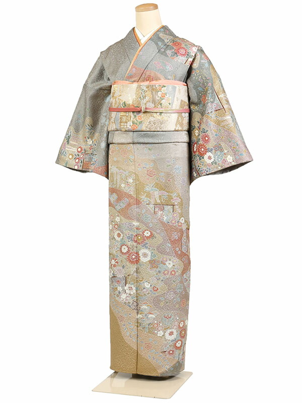 【レンタル】【訪問着 グレー系 菊花・扇面・几帳】正絹 訪問着レンタル 訪問着セット レンタル訪問着 着物レンタル 貸衣装 結婚式 入学式 卒業式 お宮参り 七五三 お母さん ママ 母親 パーティー 結納 お茶会 安い 往復送料無料 h635