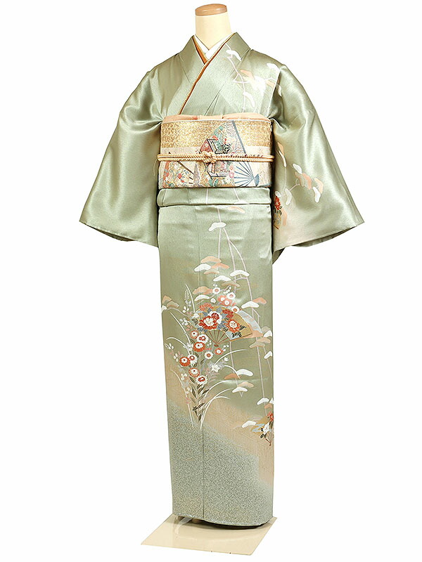 【レンタル】【訪問着 京友禅 緑系 扇面・草花 】正絹 訪問着レンタル 訪問着セット レンタル訪問着 着物レンタル 貸衣装 結婚式 入学式 卒業式 お宮参り 七五三 お母さん ママ 母親 パーティー 結納 お茶会 安い 往復送料無料 h749