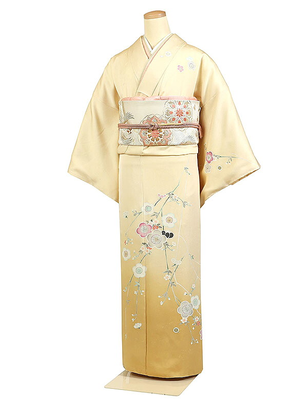 【レンタル】【訪問着 京友禅 クリーム系くすみ くすみカラー 梅・桜花】正絹 訪問着レンタル 訪問着セット レンタル訪問着 着物レンタル 貸衣装 結婚式 入学式 卒業式 お宮参り 七五三 お母さん ママ 母親 パーティー 結納 お茶会 安い 往復送料無料 h781｜京都 きものれんたる京商
