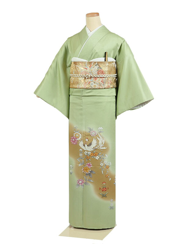【レンタル】【色留袖・黄緑地 鳳凰・洋花】三つ紋 色留袖レンタル 着物レンタル 結婚式 披露宴 食事会 表彰式 褒章 貸衣装 貸衣裳 オススメ 式典 留袖フルセット 色留め袖 第一礼装 和服 母 若い 新婦姉妹 親戚 祖母 親族 チャペル 安い 往復送料無料　it0113